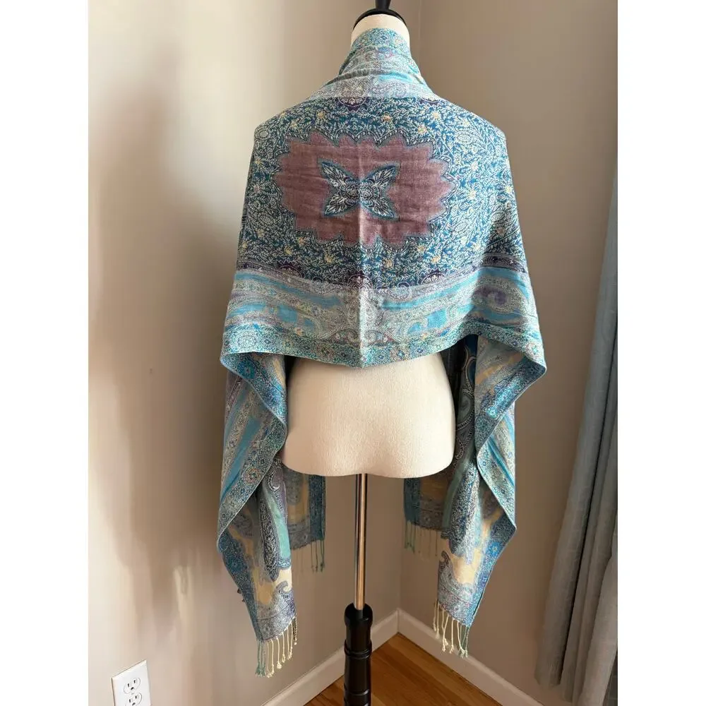 Pastel Paisley Scarf Blue Lavender Silky Fringe Wrap 75x20 Cottage Coquette Soft